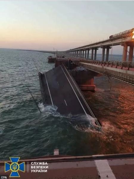 Part of the collapsed bridge, pictured by the Ukrainian security services;  The action was commemorated by the Ukrainian government and considered 'terrorism' by the Russian government - EPA - EPA