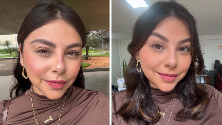 Antes e depois do uso do pó compacto Rare Beauty - Arquivo pessoal/Jéssica Nascimento