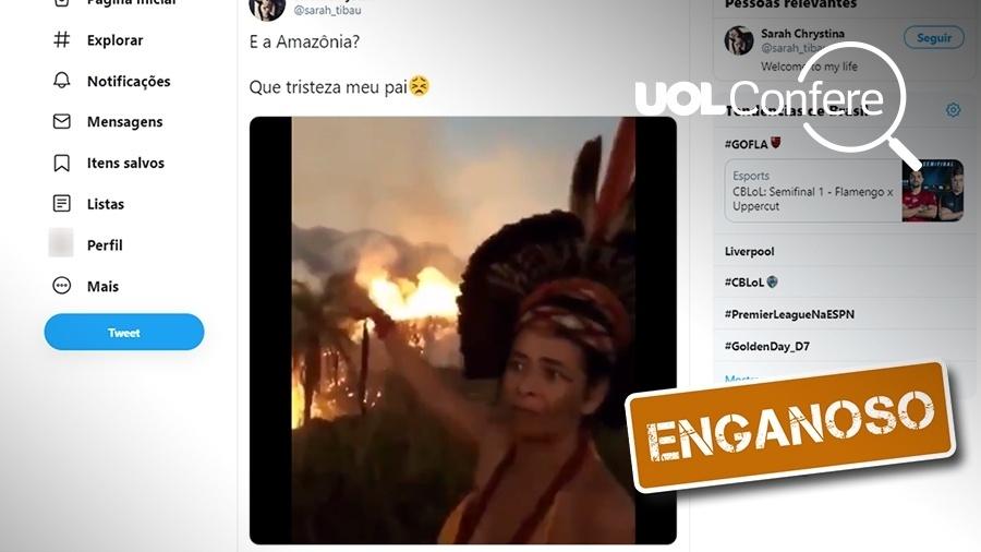 26.ago.2019 - Vídeo em que indígena chora por incêndio é de julho e foi gravado em Minas Gerais - Arte/UOL