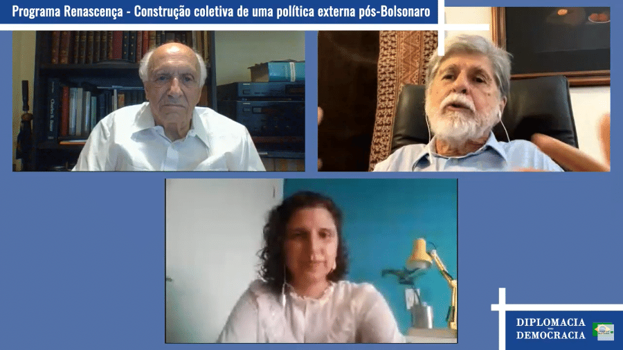 Evento Renascença como os embaixadores Celso Amorim e Rubens Ricupero e mediação da professora Suhayla Khalil - Reprodução/Youtube/Diplomacia para Democracia