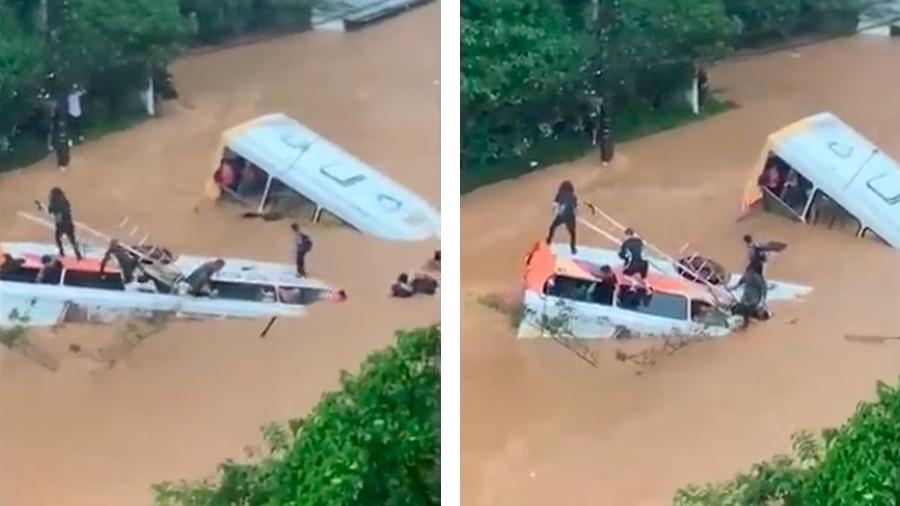 Ônibus ficaram submersos e foram arrastados pela água em Petrópolis, na terça-feira - Reprodução