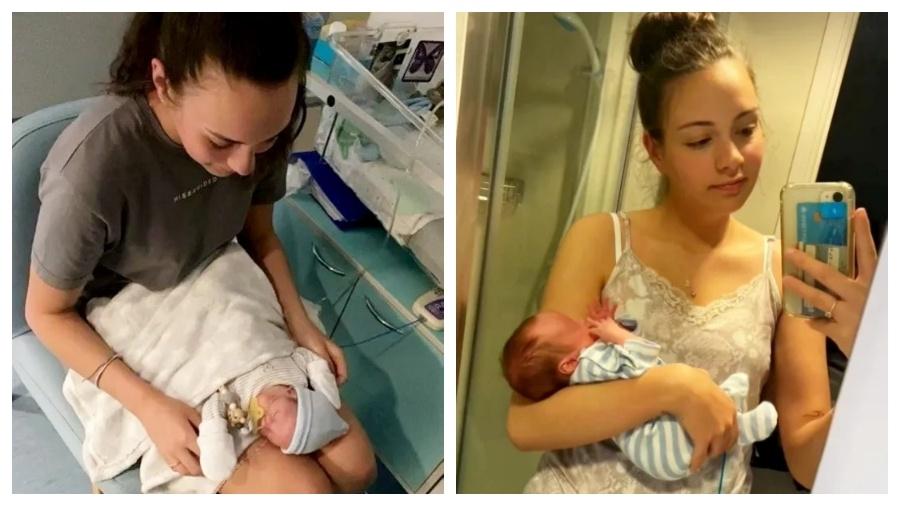 Kayleigh Doyle com o filho Astro; a criança conseguiu sobreviver ao parto prematuro, enquanto seu irmão, Arlo, morreu após o nascimento