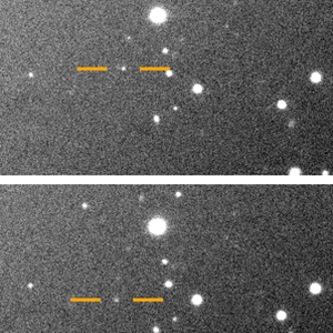 Imagens feitas pelo telescópio em Las Campanas, no Chile, mostram uma das novas Luas avistadas de Júpiter se movendo em relação a outros corpos celestes --o planeta em si, posicionado mais à esquerda, não aparece na foto - Carnegie Institution for Science