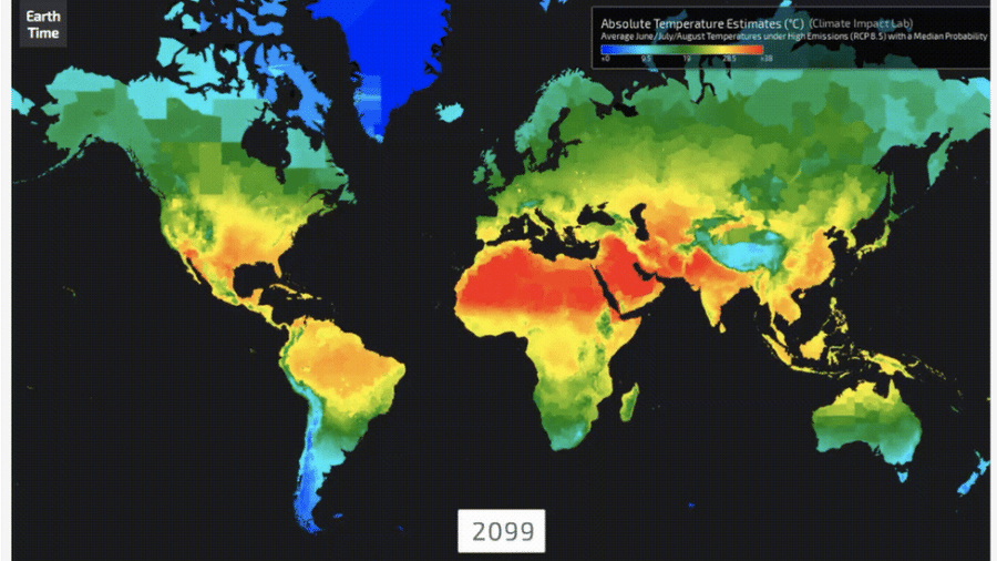 Visualização do EarthTime mostra como o clima pode aumentar no mundo até 2100 - Reprodução/Fórum Econômico Mundial