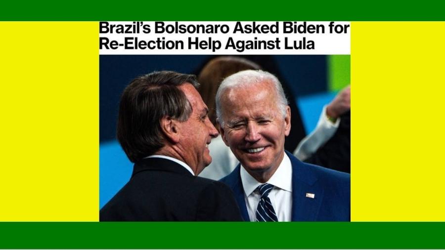 Bloomberg noticia que Bolsonaro pediu ajuda a Biden para a sua sua reeleição. Contra Lula, é claro! Pedido é inédito e agride soberania do pais. Ilustrei a manchete da agência com verde-amarelo em homenagem a esses patriotas... - Reprodução
