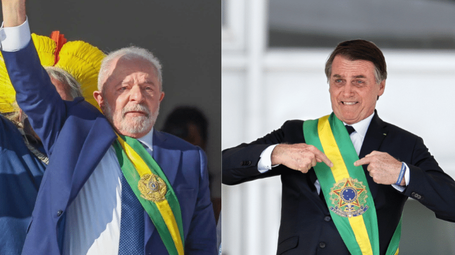 Faixas usadas por Lula, em posse ontem, e por Bolsonaro, na cerimônia de 2019 - Ricardo Stuckert/Divulgação; Pedro Ladeira/Folhapress