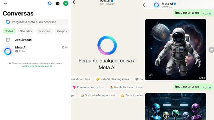 Sequência de prints mostra a usabilidade da Meta AI no WhatsApp