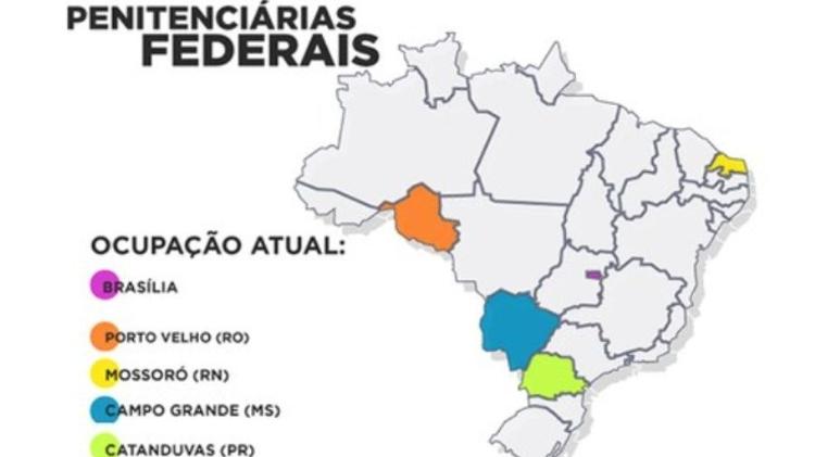 Mapa da distribuição dos presídios de segurança máxima no Brasil.