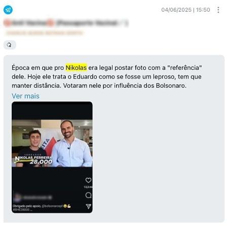 Postagem contra Nikolas Ferreira em perfil bolsonarista nas edes sociais