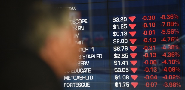 6.jul.2015 - A bolsa de valores de Sydney, na Austrália, opera em baixa, devido às incertezas provocadas pela decisão do referendo grego de rejeitar o acordo com os credores europeus - Peter Parks/AFP