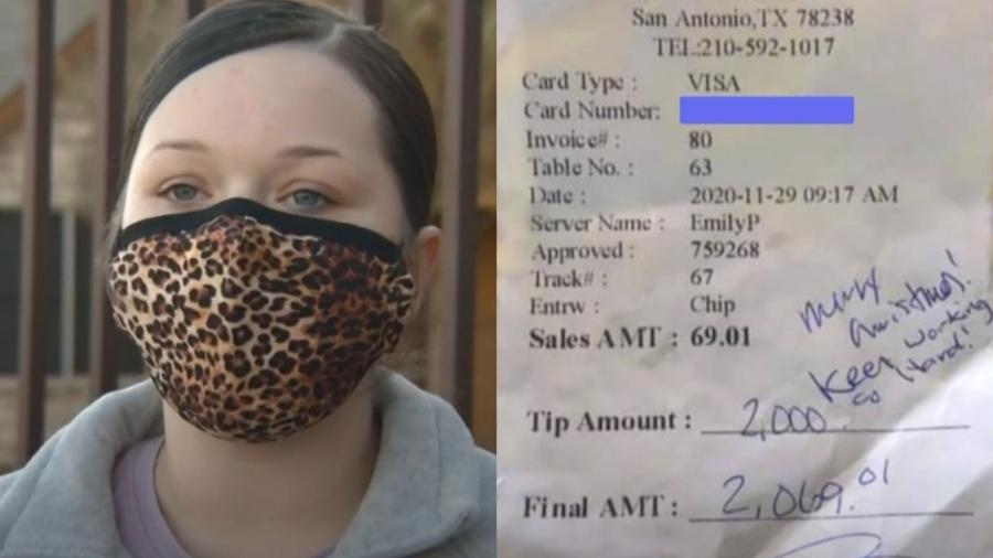 Emily Bauer ganhou uma gorjeta de US$ 2 mil (R$ 10, 2 mil), mas foi impedida de receber o dinheiro - Reprodução/ABC