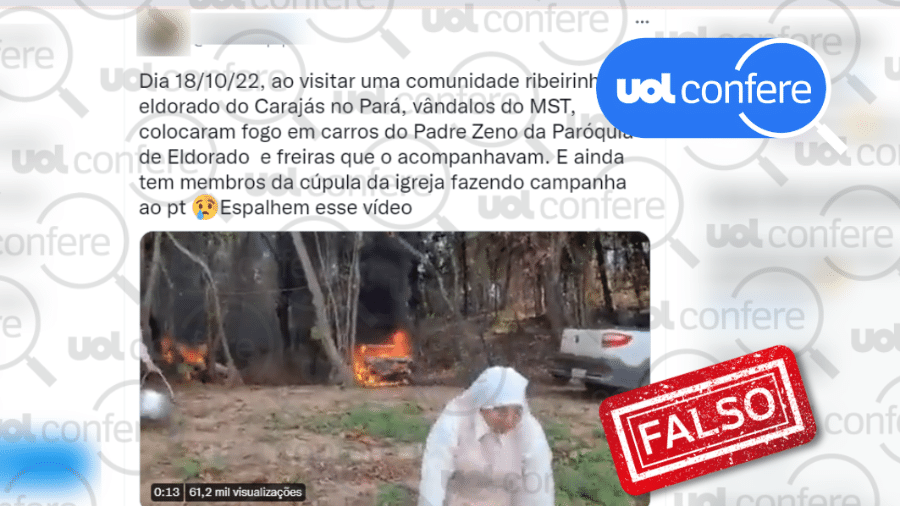 21.out.2022 - MST não tem relação com acidente de carros incendiados de religiososos da Diocese de Marabá, segundo a própria diocese - Arte/UOL sobre Reprodução Twitter