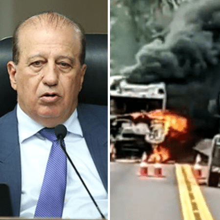 Ministro Augusto Nardes e caminhão incendiado por manifestantes em rodovia de MT - Divulgação e reprodução de vídeo