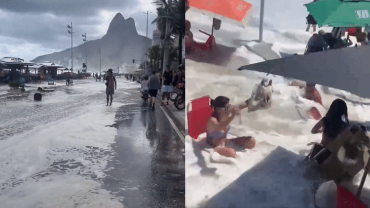 Água do mar invadiu o calçadão e a rua em diversos pontos da zona sul do Rio