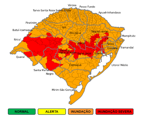 Alerta da Defesa Civil do RS mostra risco de inundação ou inundação severa no estado todo - Defesa Civil do RS