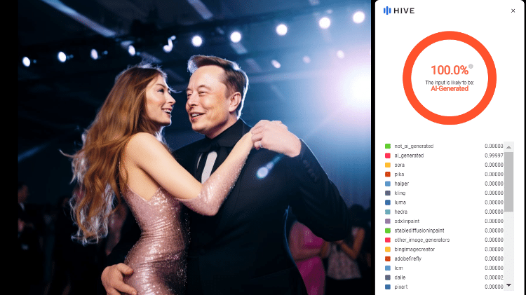 Hive AI Detector identificou que a imagem tem 100% de probabilidade de ter sido gerada por IA