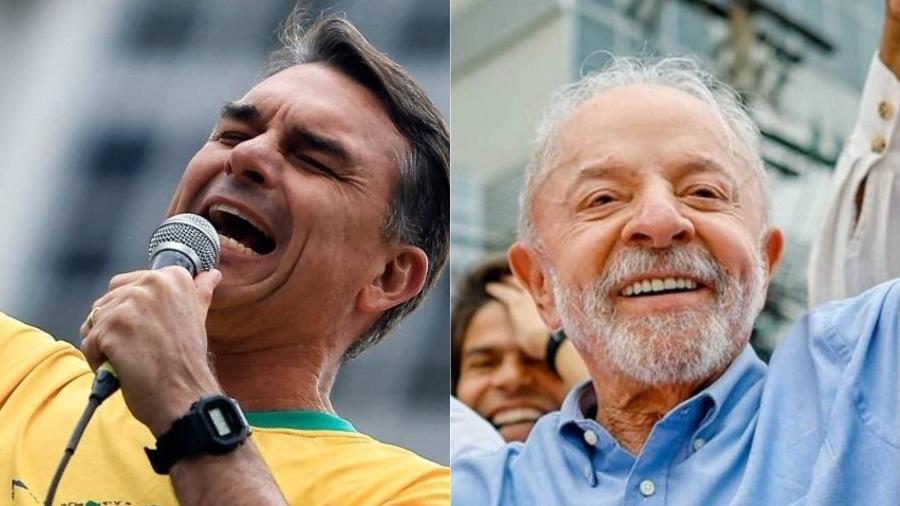 Candidatos à presidência Flávio Bolsonaro (PL) e Lula (PT) em ato de campanha