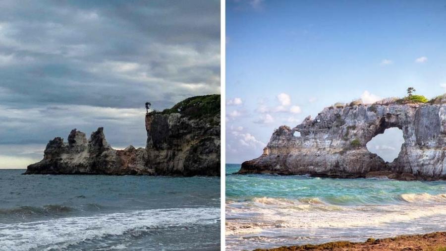 Punta Ventana depois (à esq.) e antes do terremoto de segunda-feira em Porto Rico - AFP/Getty Images