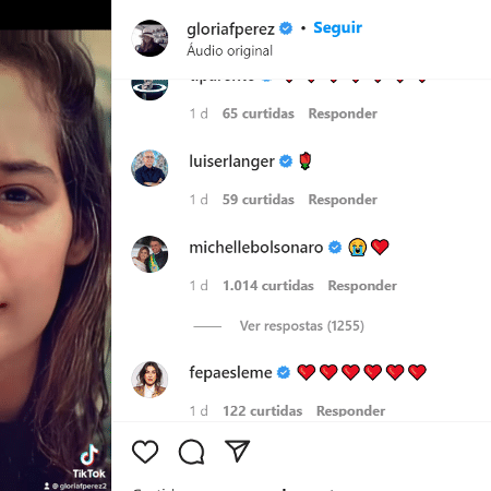 A primeira-dama Michelle Bolsonaro comentando em publicação de Gloria Perez sobre Daniella Perez - Reprodução/Instagram