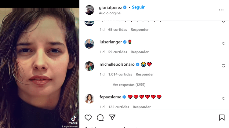A primeira-dama Michelle Bolsonaro comentando em publicação de Gloria Perez sobre Daniella Perez - Reprodução/Instagram - Reprodução/Instagram