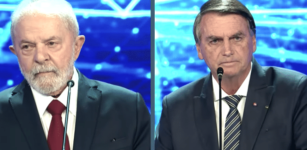 Lula e Bolsonaro durante debate na Band, em parceria com o UOL, a Folha de S.Paulo e a TV Cultura