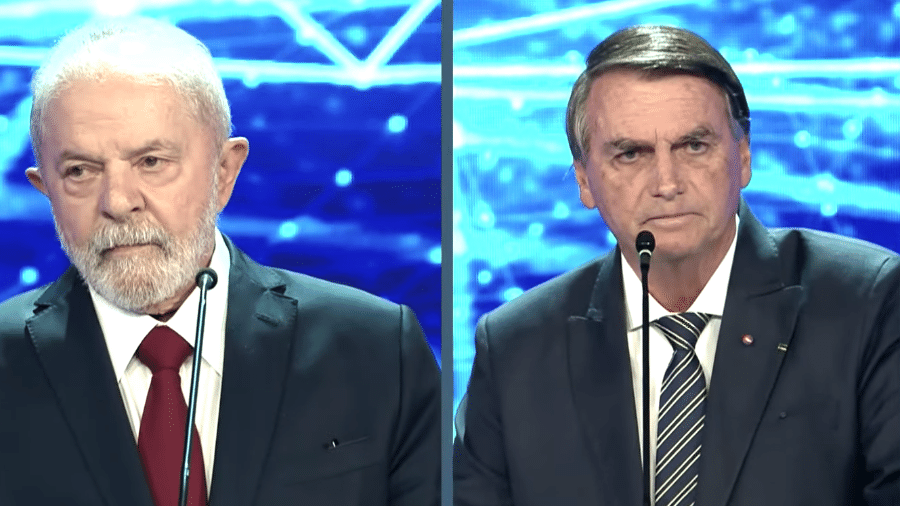 Lula e Bolsonaro durante debate na Band e UOL antes do primeiro turno das eleições - Reprodução