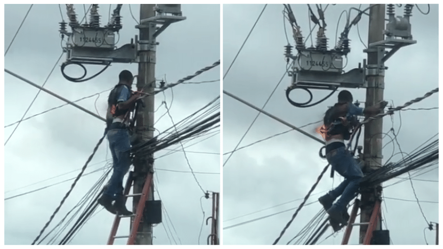 A cena do homem recebendo a descarga elétrica em um poste na cidade de Bauru (SP) foi registrada em vídeo por moradores - Reprodução/Redes Sociais