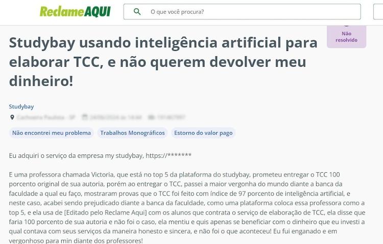 Exemplo de cliente da plataforma StudyBay que reclama do uso de inteligência artificial na redação de trabalho de conclusão de curso 