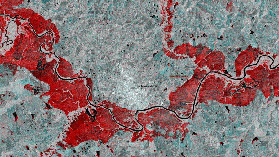 Em vermelho, áreas alagadas no Rio Grande do Sul Em vermelho, áreas alagadas no Rio Grande do Sul