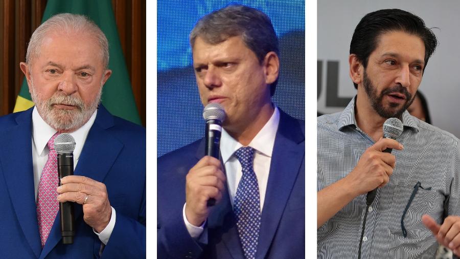 O presidente Lula (PT), o governador de SP, Tarcísio de Freitas (Republicanos), e o prefeito Ricardo Nunes (MDB)