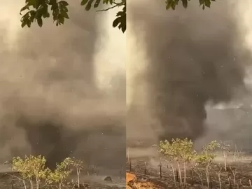 Redemoinho de fumaça surge em meio a queimadas no interior de São Paulo