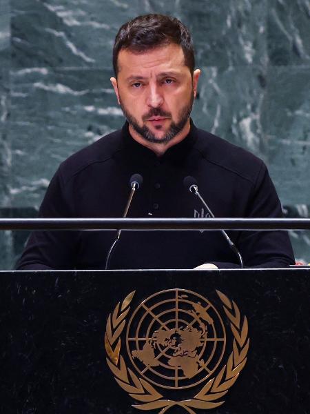 25.set.2024 - O presidente da Ucrânia, Volodymyr Zelensky, discursa na Assembleia-Geral da ONU nos EUA - Spencer Platt/Getty Images via AFP