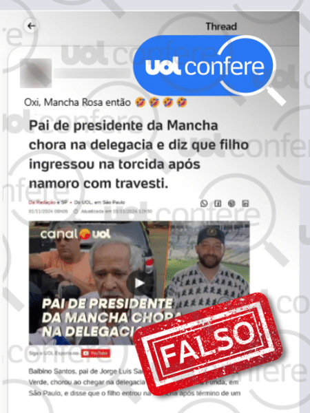 11.nov.2024 - É falso que UOL noticiou que presidente da Mancha namorou travesti