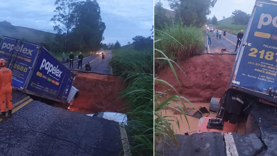 29.jan.2020 - Veículos são engolidos por cratera após estrada ceder em Minas Gerais, devido às fortes chuvas - Corpo de Bombeiros de Minas Gerais