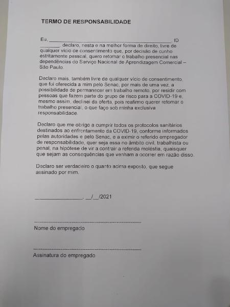 Termo de responsabilidade enviado aos professores pelo Senac de São Paulo - Arquivo pessoal