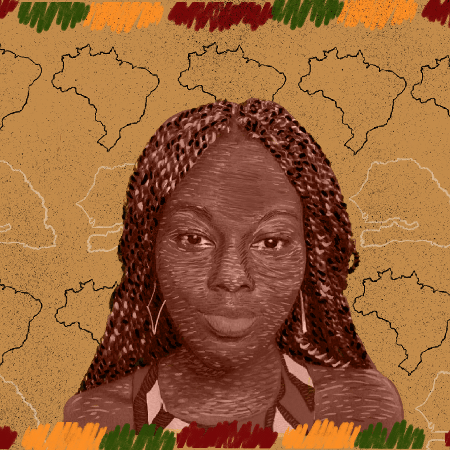 Fatou Ndiaye, tendo ao fundo os mapas do Brasil e do Senegal - Ilustração: Camila Pizzolotto