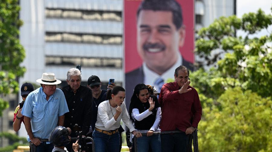 17.ago.2024 - Líder da oposição da Venezuela, María Corina Machado, durante protesto em Caracas