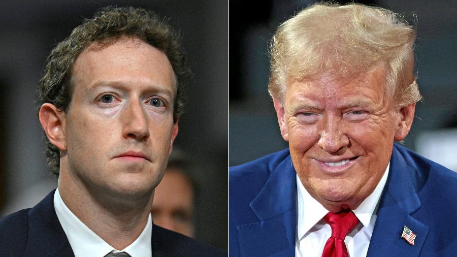 Mark Zuckerberg, CEO da Meta, em 31 de janeiro de 2024, e o novo presidente dos EUA, Donald Trump, em 17 de setembro de 2024 - ANDREW CABALLERO-REYNOLDS/AFP