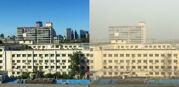 Vista da janela da jornalista em um dia de céu claro e em outro com nuvem de poluição - Vivian Oswald/BBC