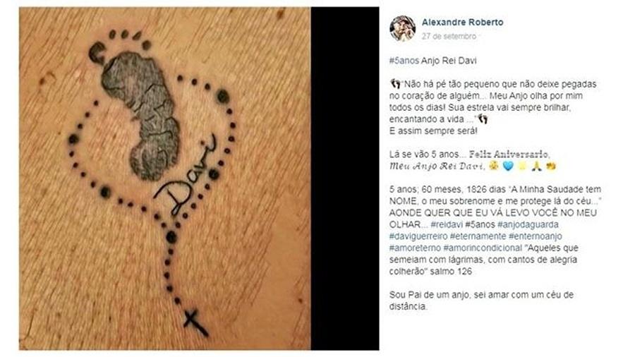 Postagem em rede social mostra tatuagem feita por Alexandre Roberto em homenagem ao filho Davi, morto no sexto mês de gestação - Arquivo pessoal