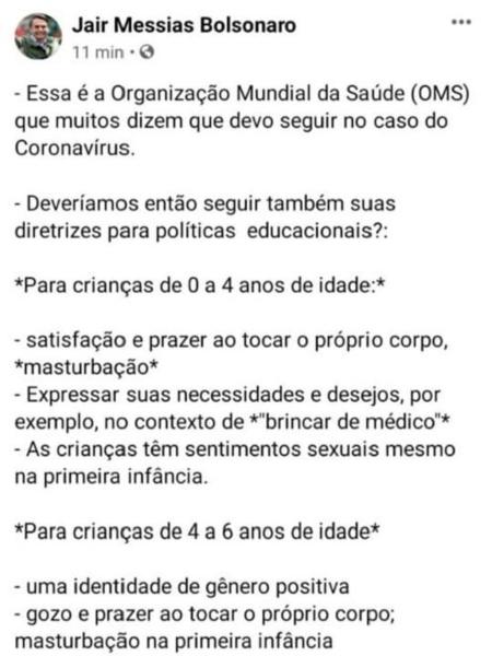 Jair Bolsonaro ataca OMS, mas volta atrás e deleta post - Reprodução/Facebook