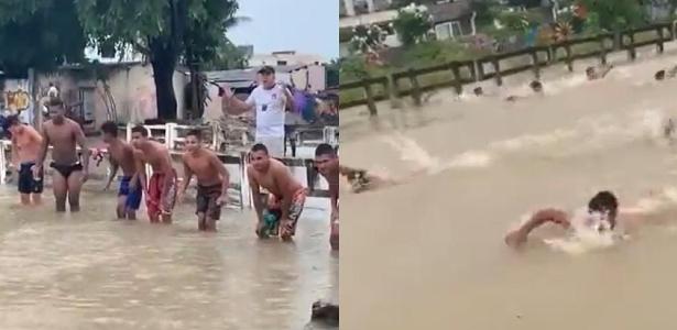 Vídeo: Após chuvas, jovens fazem 'competição de natação' em inundação em PE