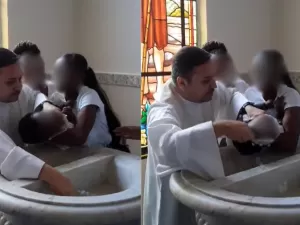 Vídeo mostra padre dando 'puxão' em pescoço de bebê durante batismo no RJ