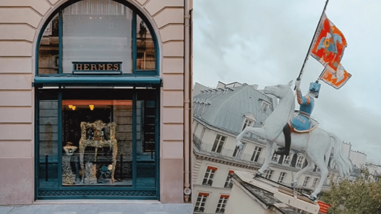 Fachada e detalhe externo da famosa loja da Hermès na Rue du Faubourg Saint-Honoré, em Paris