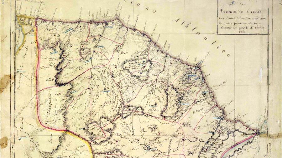 Mapa da Província do Ceará com a divisão eclesiástica e indicação da civil e jurídica até hoje, organizado pelo Dr. Pedro Théberge em 1861 - Pedro Théberge/Biblioteca Nacional