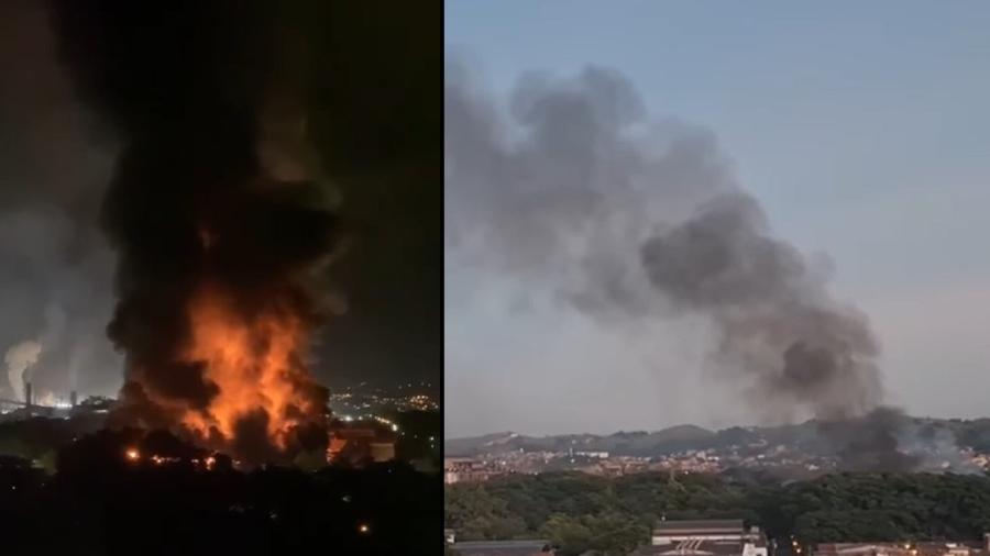 Moradores da região gravaram cena do incêndio à noite (esquerda) e durante esta manhã (direita) - Reprodução/Facebook