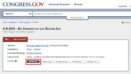 Site do Congresso americano mostra fase do projeto "No Censors on our Shores Act"