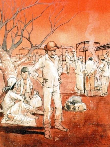 Ilustração do O Quinze com Chico Bento e sua família no campo de concentração Ilustração do O Quinze com Chico Bento e sua família no campo de concentração