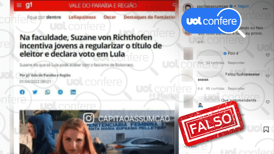 6.abr.2022 - Montagem forja texto do site G1 para dizer que Suzane von Richthofen pediu voto para Lula - Reprodução / Instagram / Capitão Assumpção