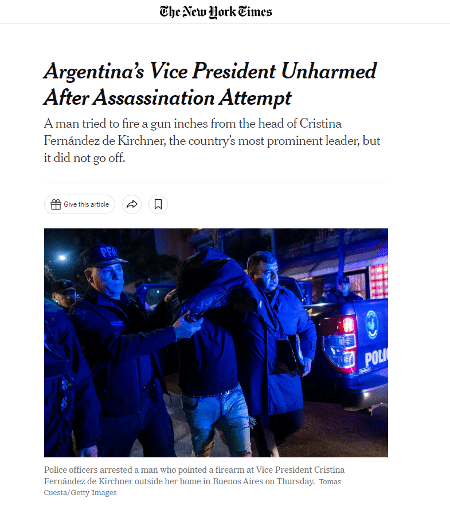 New York Times reports attack on Argentina vice president Cristina Kirchner